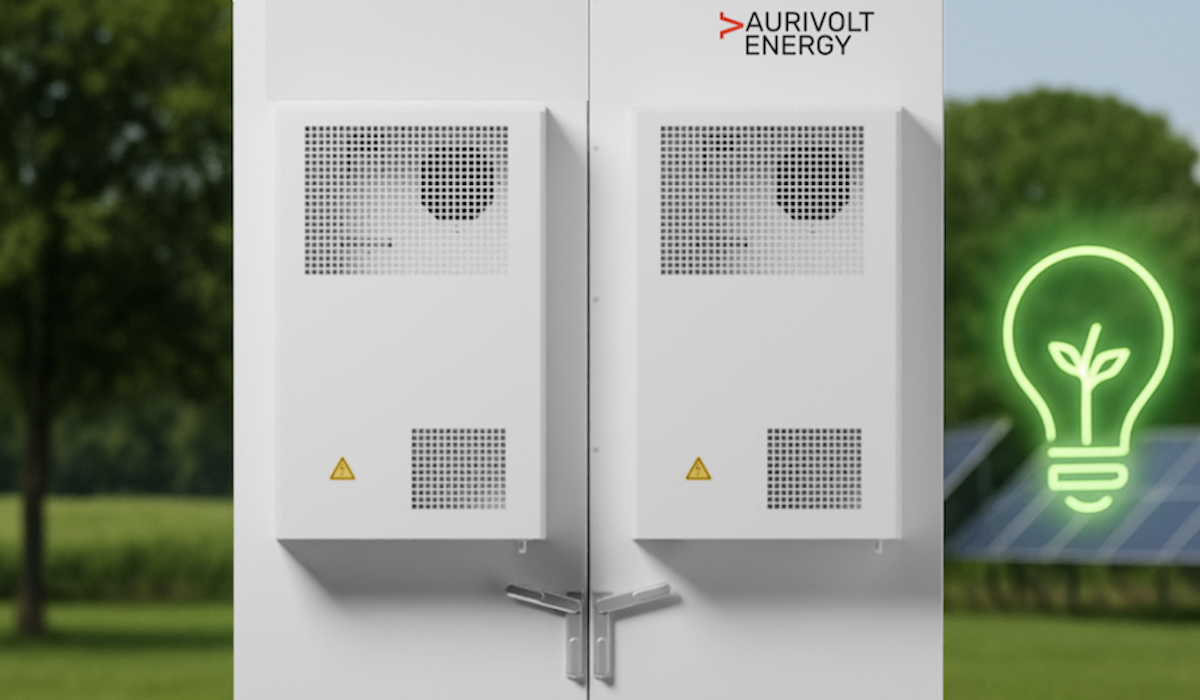 Batteriespeicher, im Hintergrund PV Module und B&auml;ume auf einem Betriebsgel&auml;nde