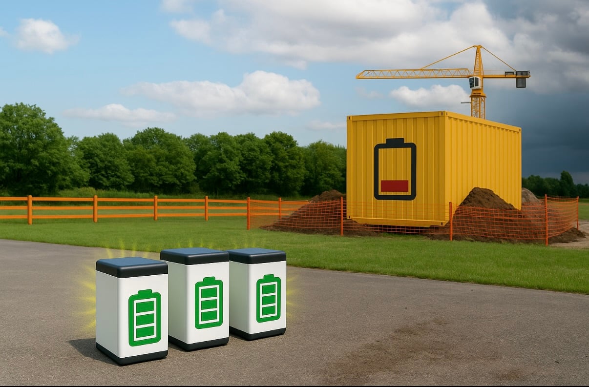 Kleine Stromspeicher vor einer Baustelle mit einem Gro&szlig;en Battriestromspeicher